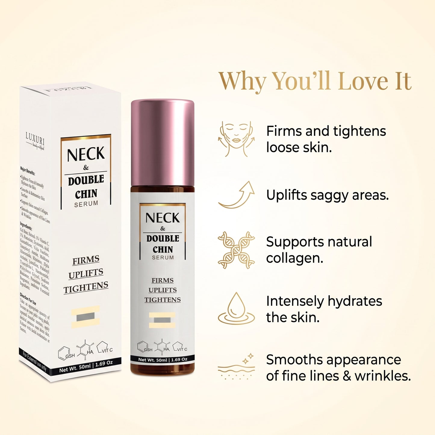LUXURI // Neck & Double Chin Serum Neck Firming & Tightening, Remove Double Chin.
