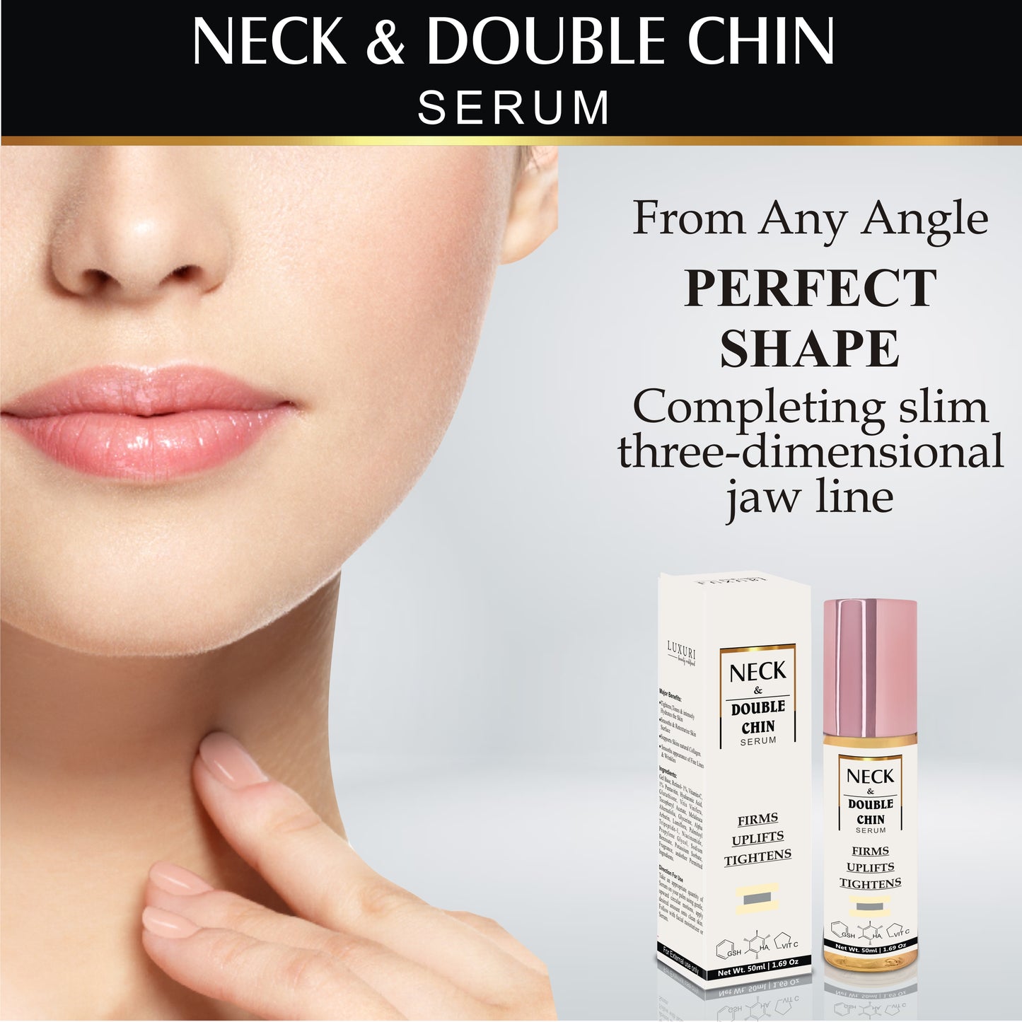 neck double chin firming serum, chin tightening serum, jaw line firming, anti wrinkles, anti aging, fine lines control, skin, skincare, zenvista, organics products, skin lightening, pores tightening, clear blemishes