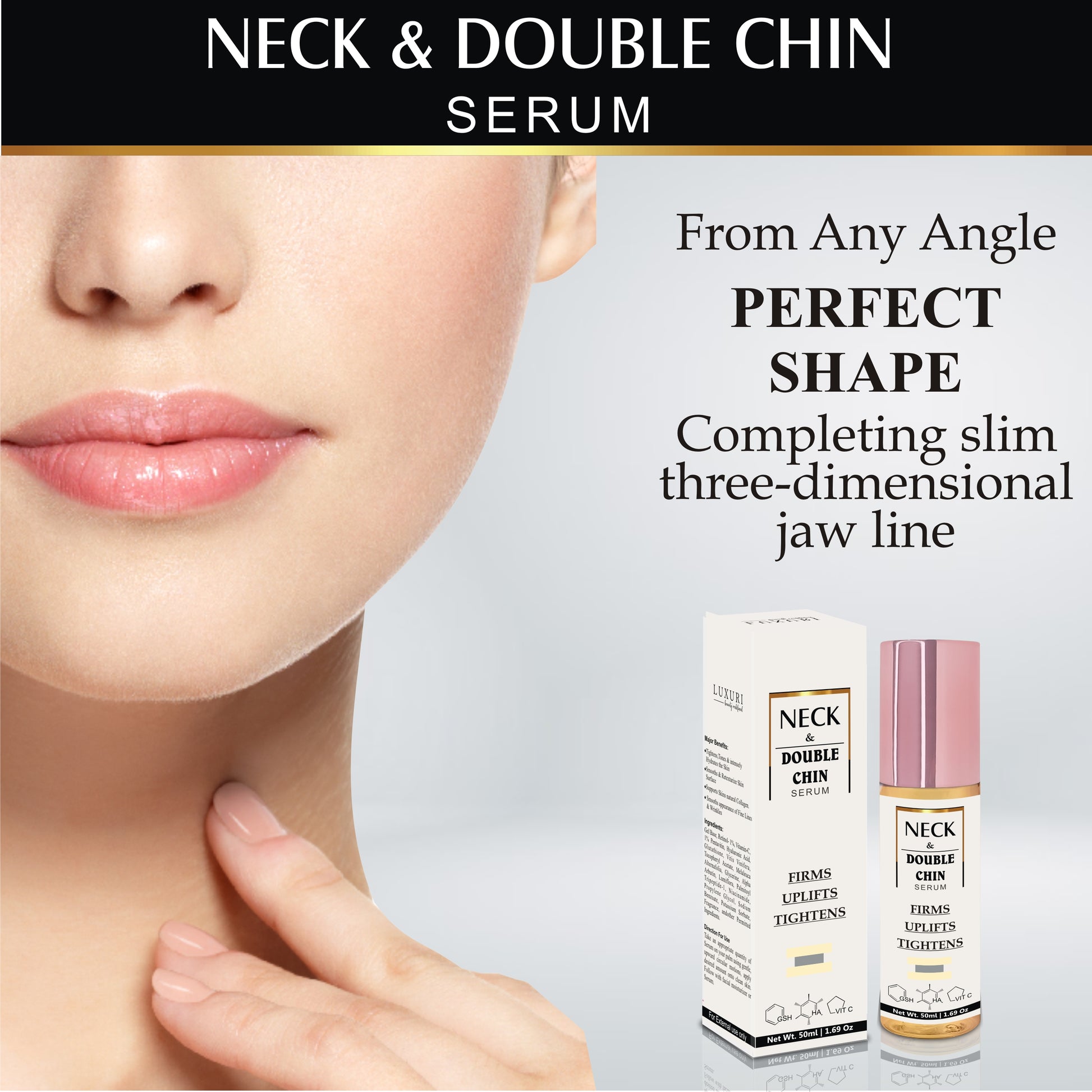 neck double chin firming serum, chin tightening serum, jaw line firming, anti wrinkles, anti aging, fine lines control, skin, skincare, zenvista, organics products, skin lightening, pores tightening, clear blemishes
