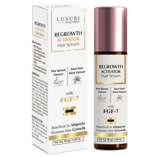 luxuri skin science hair regrowth activator regrowth serum with fgf-7 pea sprouts extracts cocnut oilbasil hair root extyracts  fast hair growth increase hair density removes baldness and alopecia